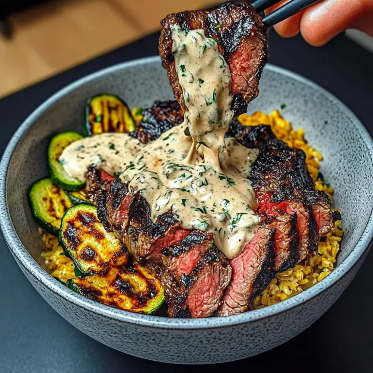 Grilled Steak Bowl with Creamy Sauce & Grilled Zucchini