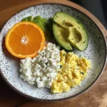 Avocado, Scrambled Eggs & Cottage Cheese Plate with Fresh Orange
