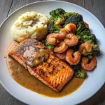 Cajun Salmon with Garlic Mashed Potatoes & Shrimp-Broccoli Saut