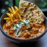 Creamy Butter Chicken with Garlic Drizzle, Fries & Warm Naan
