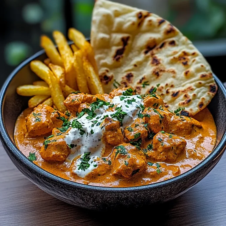 Creamy Butter Chicken with Garlic Drizzle, Fries & Warm Naan