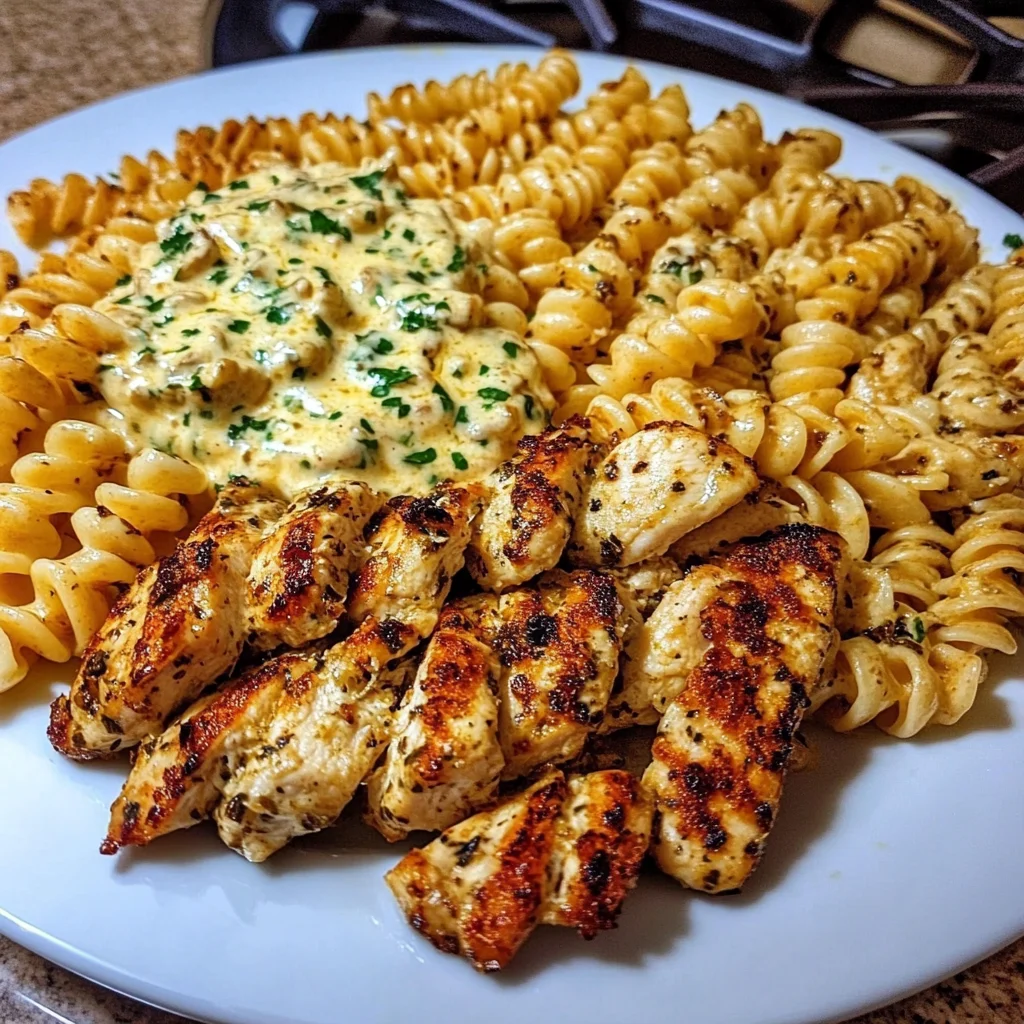 Garlic Parmesan Chicken Rotini in ThreeCheese Cajun Cream Sauce