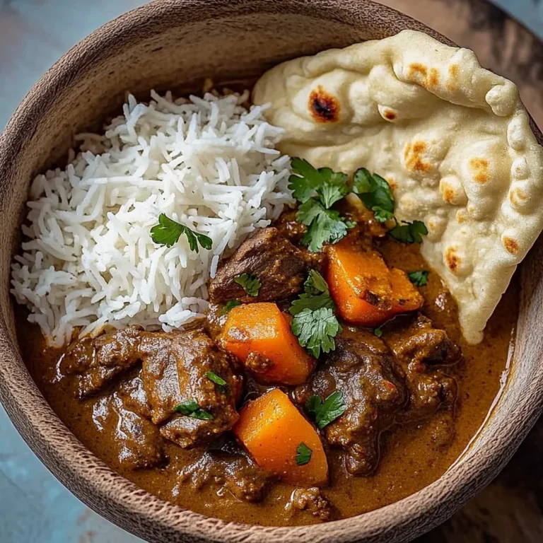 Slow-Cooked Beef in Creamy Coconut Curry with Rice and Garlic Naan