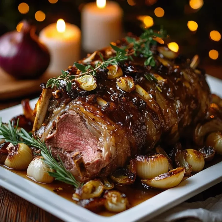 Slow-Roasted Lamb Shoulder with Roasted Garlic, Caramelized Onions & Honey Herb Glaze