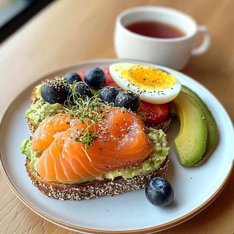 Smoked Salmon & Egg Avocado Toast Plate with Fresh Fruit & Tea
