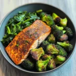 Spiced Salmon Bowl with Roasted Brussels, Sautéed Greens & Steamed Broccoli