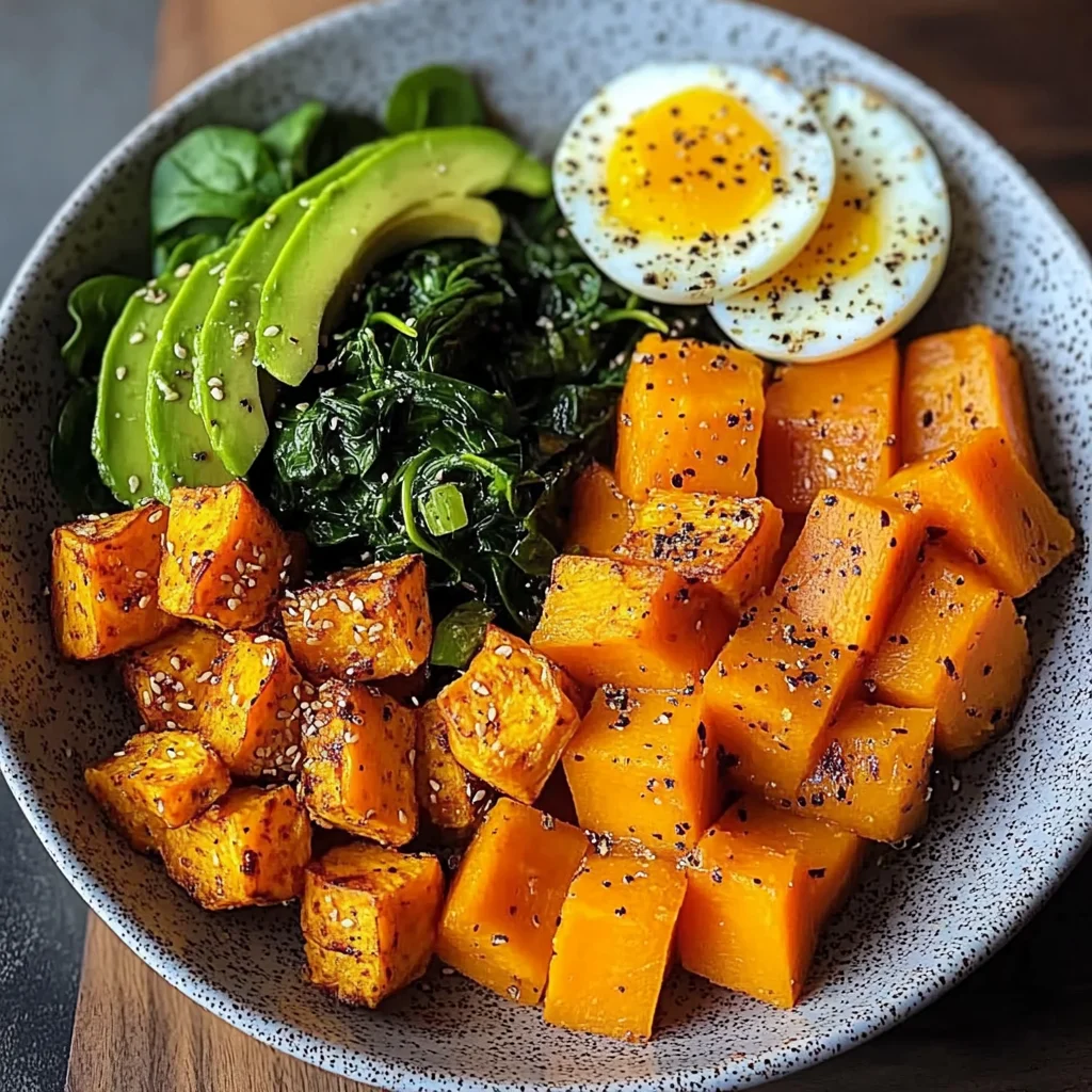Avocado Power Plate with Jammy Eggs, Spinach & Sweet Potatoes