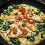 Creamy Garlic Butter Chicken Alfredo with Crispy Bacon, Spinach & Broccoli