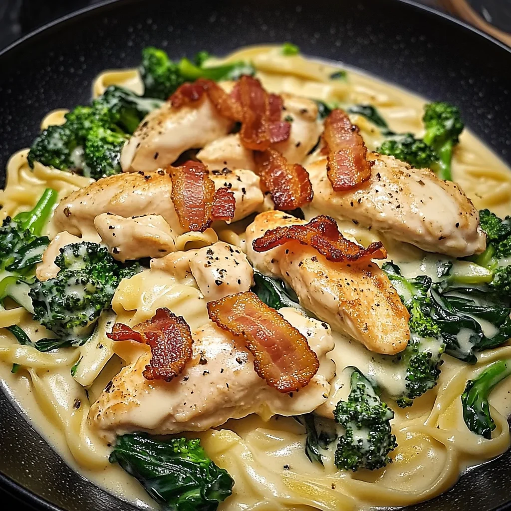 Creamy Garlic Butter Chicken Alfredo with Crispy Bacon, Spinach & Broccoli