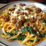 Garlic Butter Cheesy Linguine with Beef, Sausage and Spinach