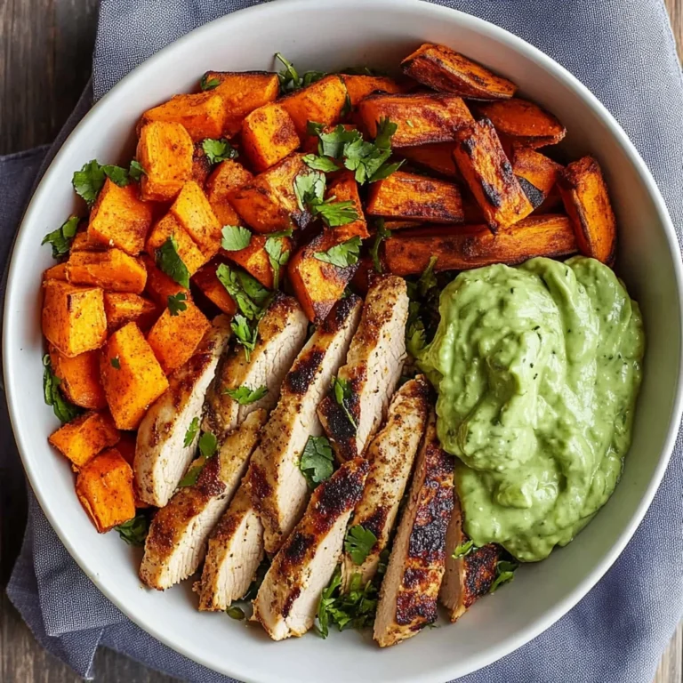 Grilled Chicken Power Bowl with Spiced Sweet Potato Wedges & Avocado Cream