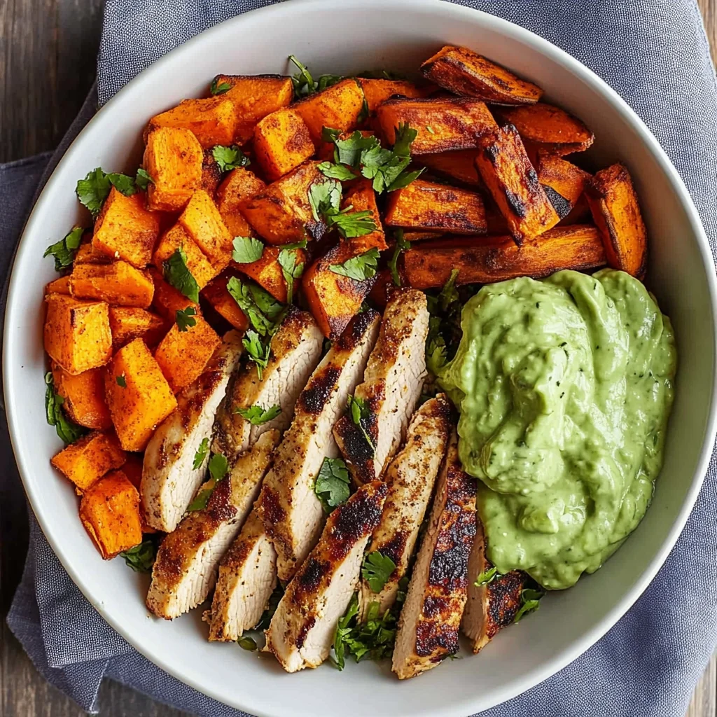 Grilled Chicken Power Bowl with Spiced Sweet Potato Wedges & Avocado Cream