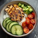 Grilled Chicken Rice Bowl with Avocado, Cucumber & Cherry Tomatoes