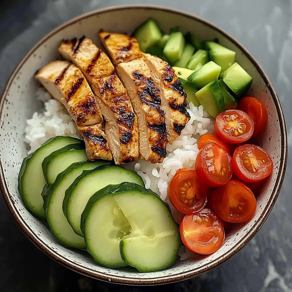 Grilled Chicken Rice Bowl with Avocado, Cucumber & Cherry Tomatoes