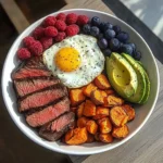 Steak & Sunny Eggs Power Plate with Sweet Potato, Avocado & Berries