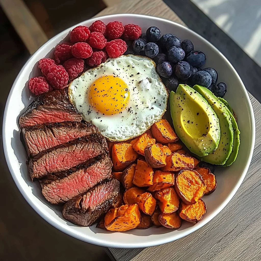 Steak & Sunny Eggs Power Plate with Sweet Potato, Avocado & Berries