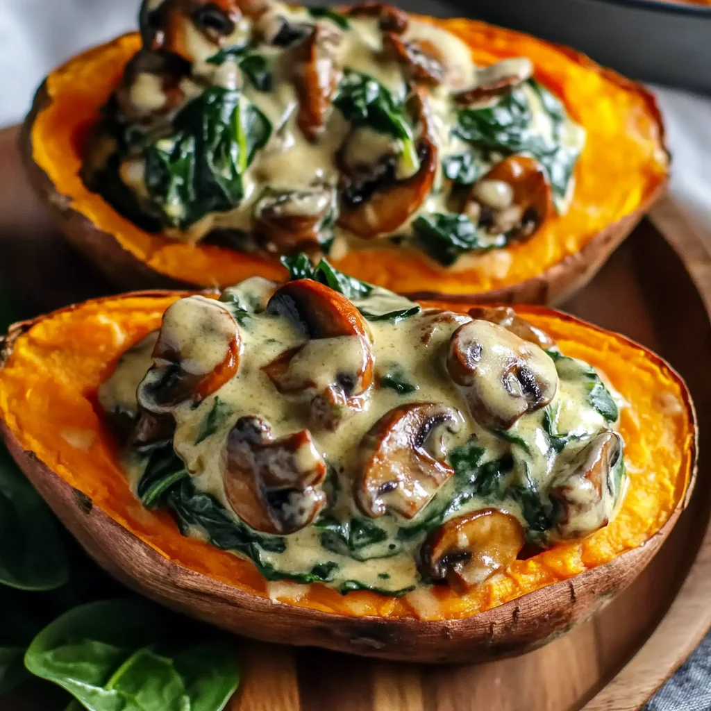 Creamy Mushroom and Spinach Stuffed Sweet Potatoes