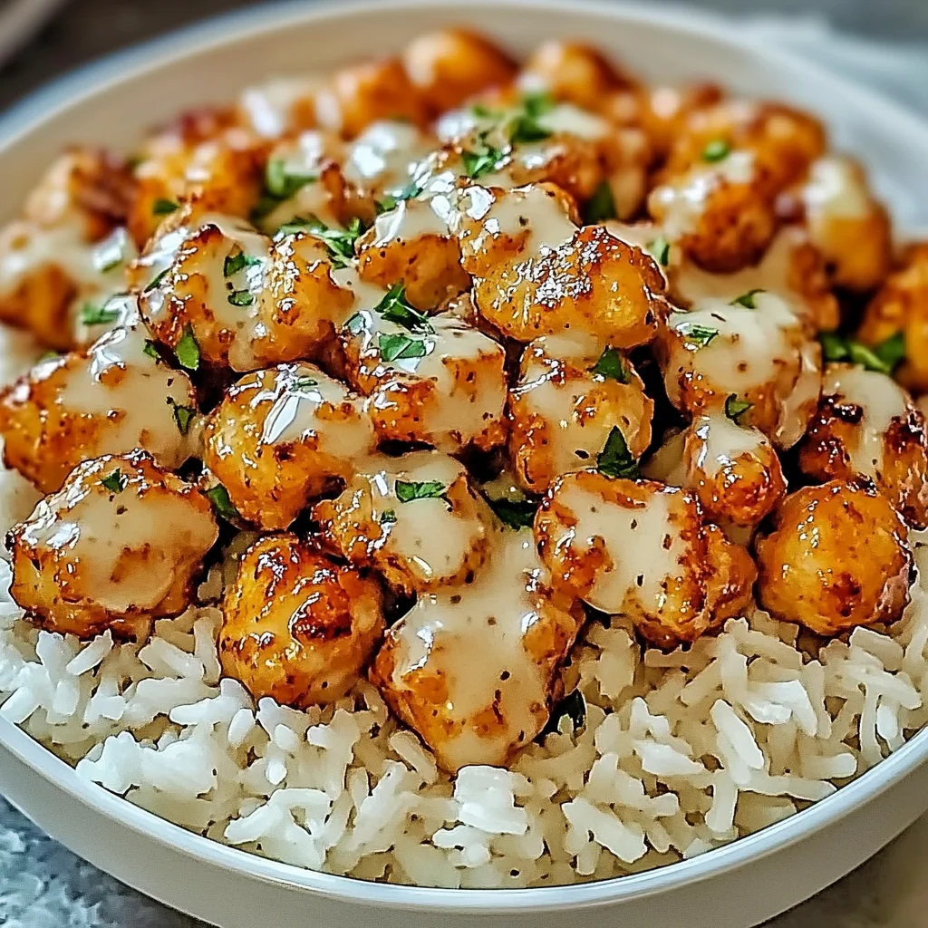 Honey Garlic Chicken Bites Over Creamy Rice