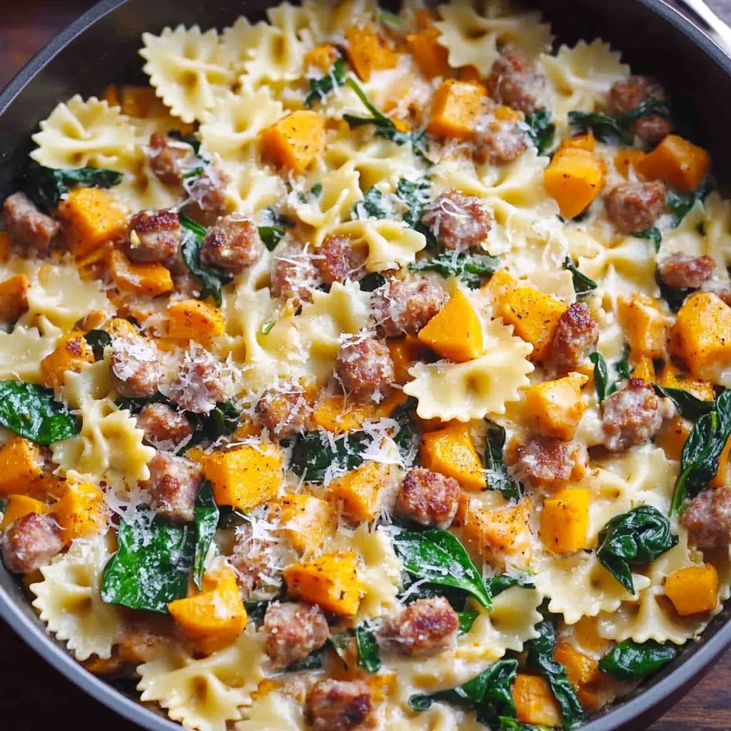Creamy Roasted Butternut Squash Pasta with Sausage and Spinach