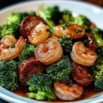Honey garlic shrimps, sausage and broccoli