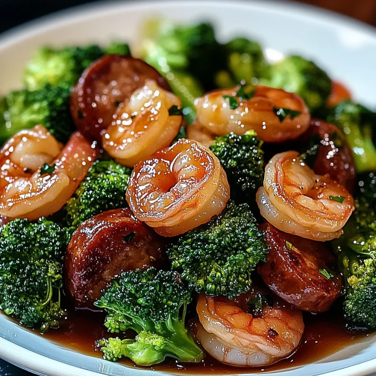 Honey garlic shrimps, sausage and broccoli