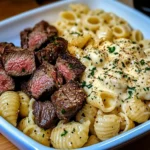Steak Bites and Shell Pasta in Garlic Butter Alfredo Sauce