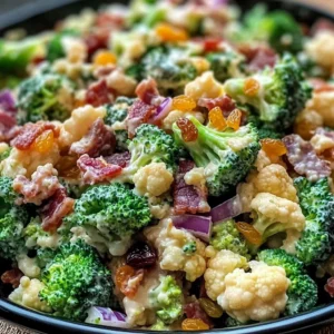 Amish Broccoli Salad with Cauliflower, Turkey Bacon & Raisins