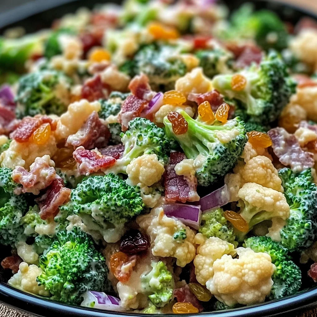 Amish Broccoli Salad with Cauliflower, Turkey Bacon & Raisins