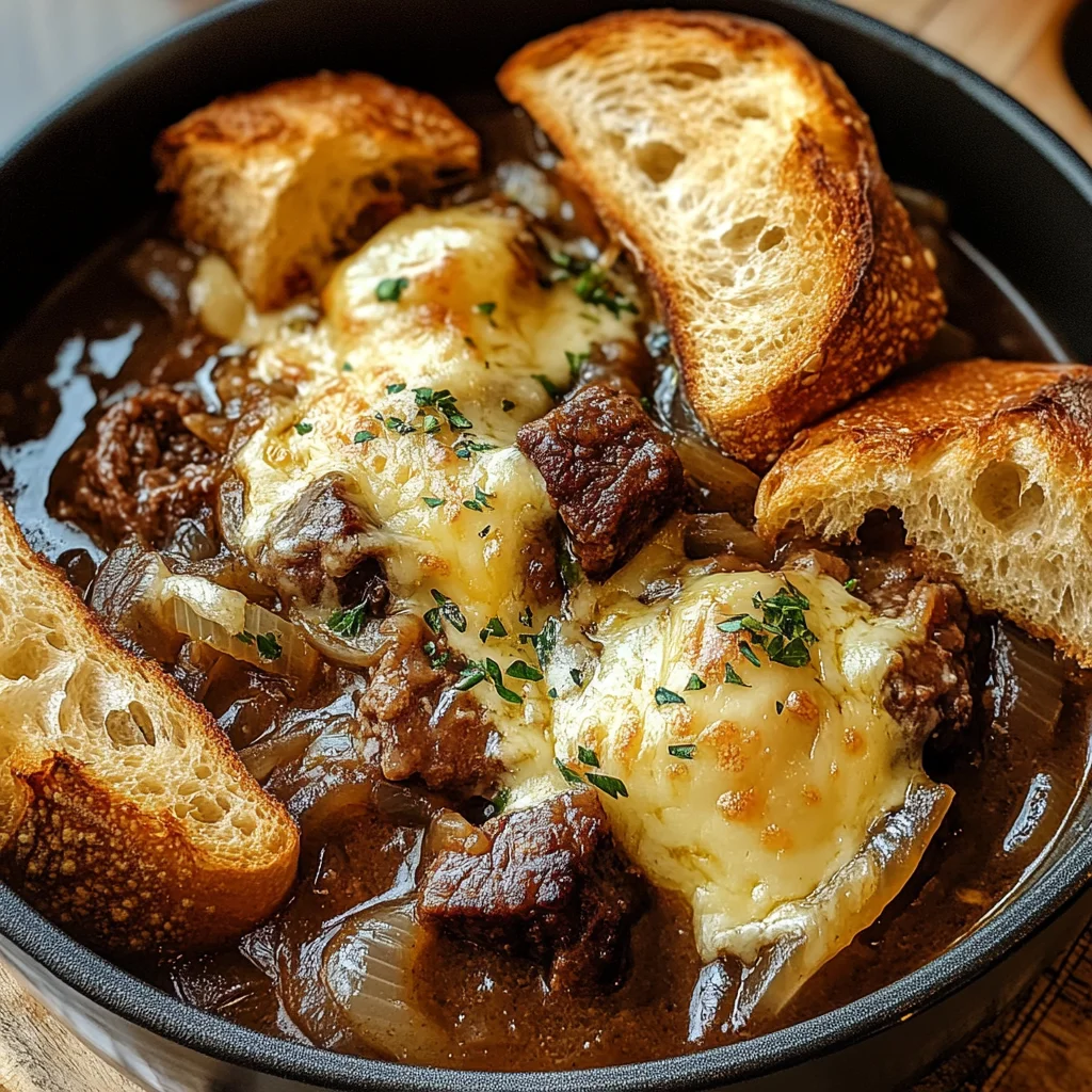French Onion Beef Stew with Cheesy Bread Topping: A Cozy Gourmet Delight