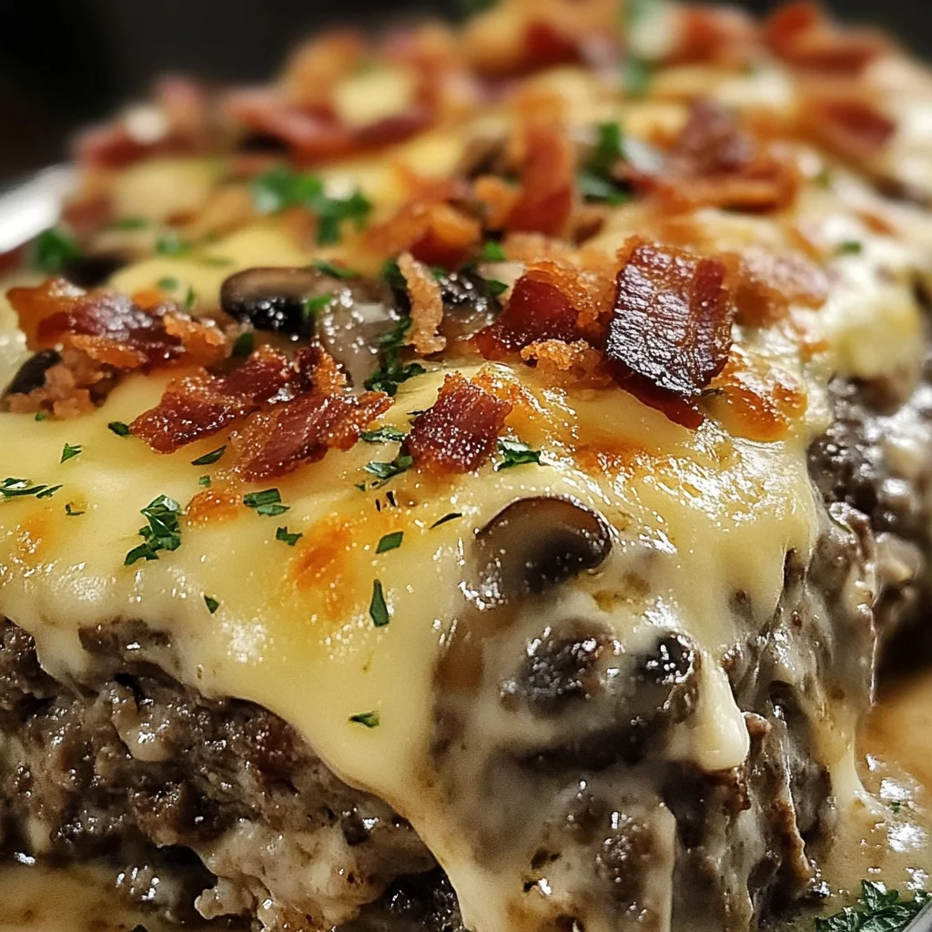 Mushroom Swiss Turkey Bacon Meatloaf Casserole