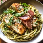 Basil Parmesan Pasta with Crispy Chicken, Prosciutto, and Arugula