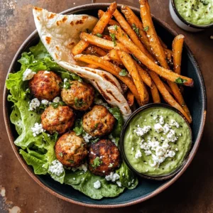Chicken Meatball Pita Bowls with Seasoned Fries and Feta