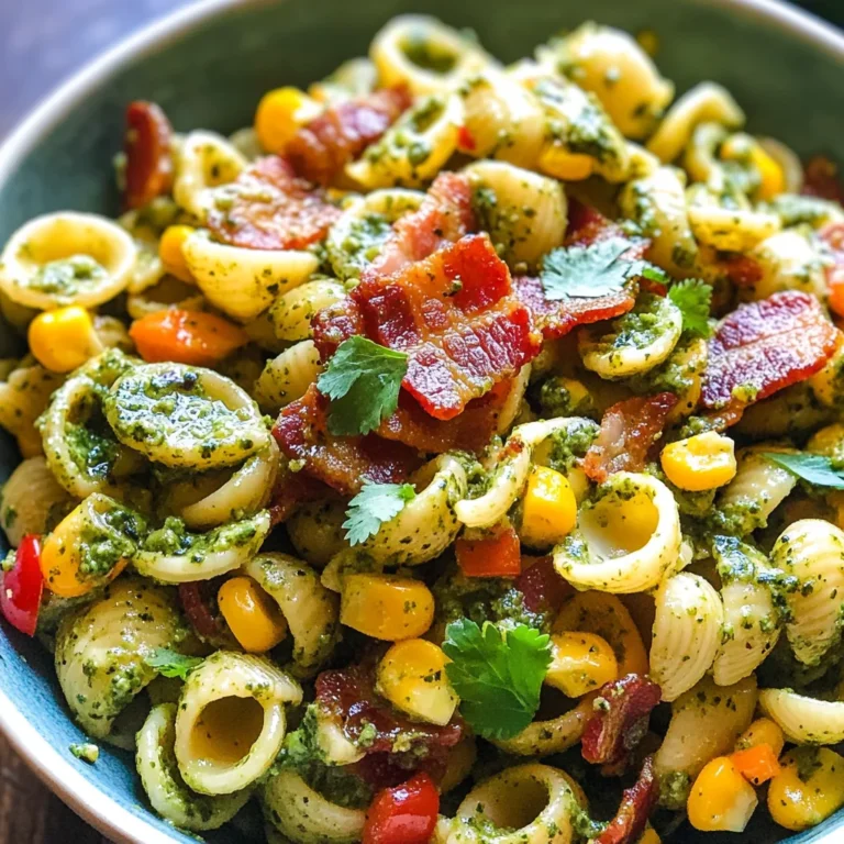 Corn Pasta Salad with Turkey Bacon and Creamy Pesto Dressing