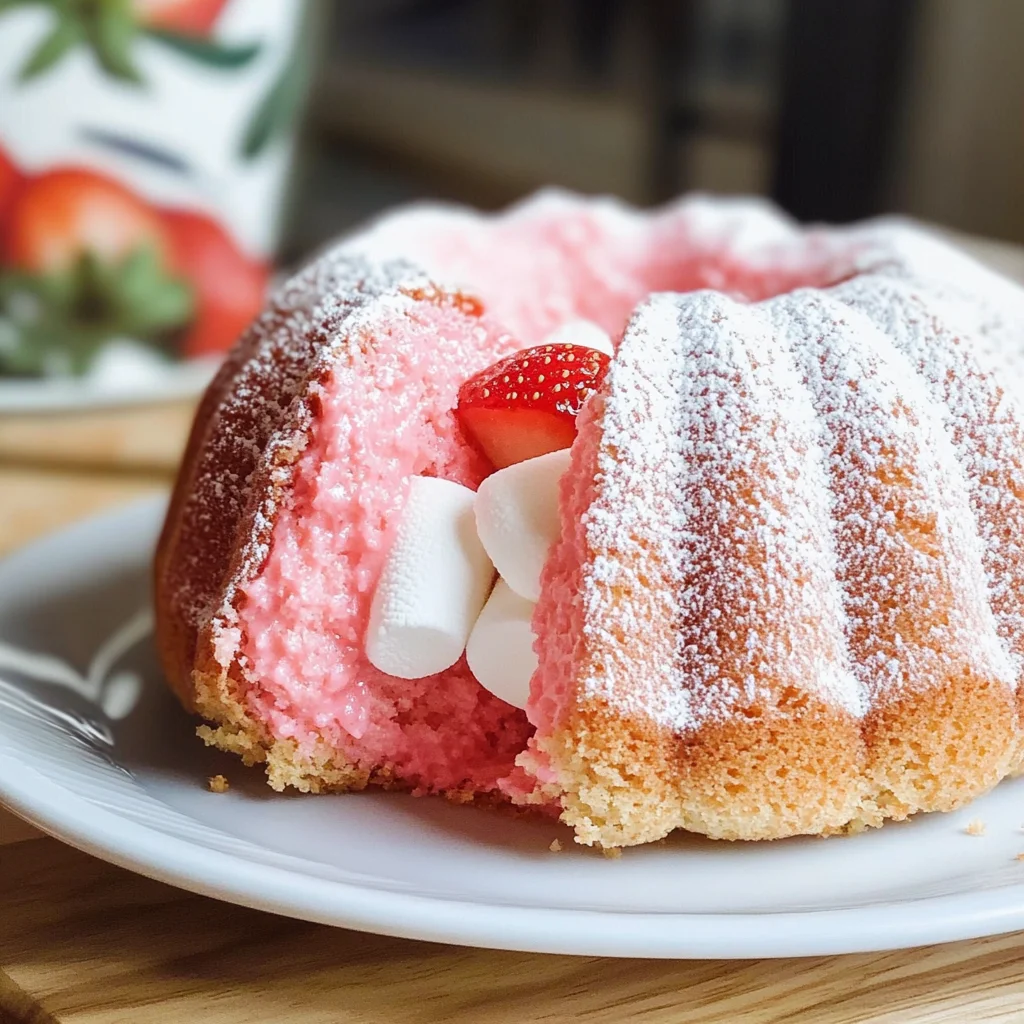 Strawberry Marshmallow Cake (Strawberry Bundt Cake with Marshmallow Cream Filling)